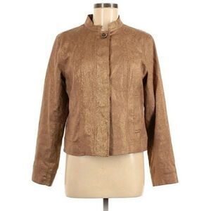 Chico's Metallic Gold Camel‎ Textured Blazer Jacket Mandarin Collar Sz 1 = M/8